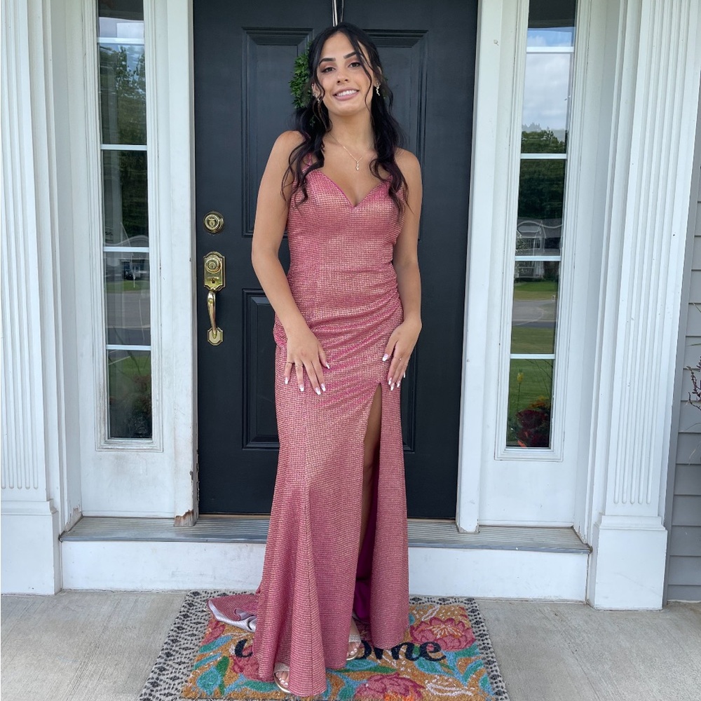 Rose-Mauve Sparkle Prom Dress with Thigh Slit